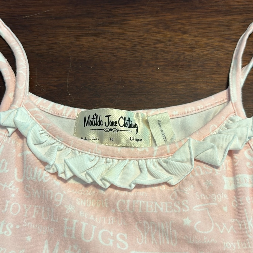 Matilda, Jean, print spaghetti strap, pink white ruffle dress size 10 - Picture 2 of 6